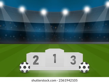 Sport Winner Podium on Soccer Field in Stadium or Sport Arena.  Pedestal Sport Podiums. Podium Winner Stand. Vector Illustration.