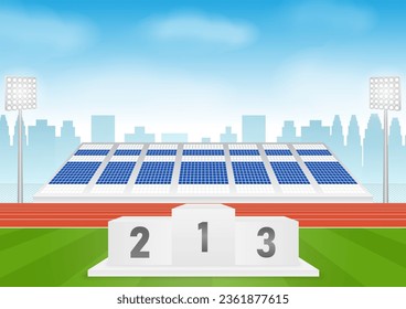 Sport Winner Podium with Running Track or Athlete Track in Stadium.  Pedestal Sport Podiums. Podium Winner Stand. Vector Illustration.