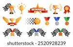 Sport winner trophies. Racing award cup with checkered flag, gold wings and laurel wreath. Golden, silver and bronze medals, race achievements cartoon vector illustration set.