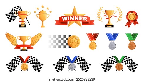 Sport winner trophies. Racing award cup with checkered flag, gold wings and laurel wreath. Golden, silver and bronze medals, race achievements cartoon vector illustration set.