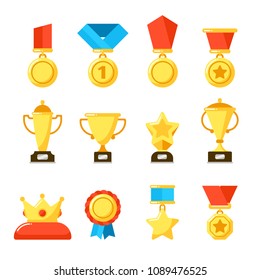 Sport winner trophy award, gold championship goblet and awarding reward cup. Golden awards for rewards ceremony vector flat icons isolated set