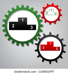 Sport winners podium. Flat style icon. Vector. Three connected gears with icons at grayish background.