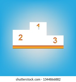 Sport winners podium. Flat style icon. Vector. White icon with 3d warm-colored gradient body at sky blue background.