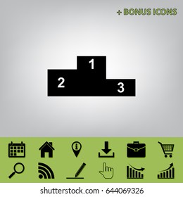 Sport winners podium. Flat style icon. Vector. Black icon at gray background with bonus icons at celery ones
