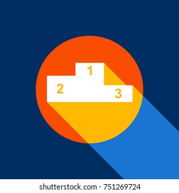 Sport winners podium. Flat style icon. Vector. White icon on tangelo circle with infinite shadow of light at cool black background. Selective yellow and bright navy blue are produced.