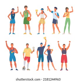 sport winners. swimmers football players boxers runners gymnasts happy sport characters standing and holding cup awards and medals. Vector cartoon people