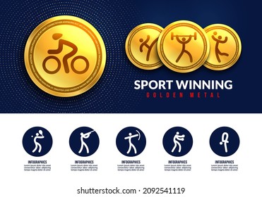 Sport winning golden medals, Sport infographic icons, Sport club logotype concept. Realistic medalsfor  First Second Third placement