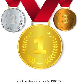 Sport winning positions: Gold, silver and bronze medals with red ribbon vector illustration
