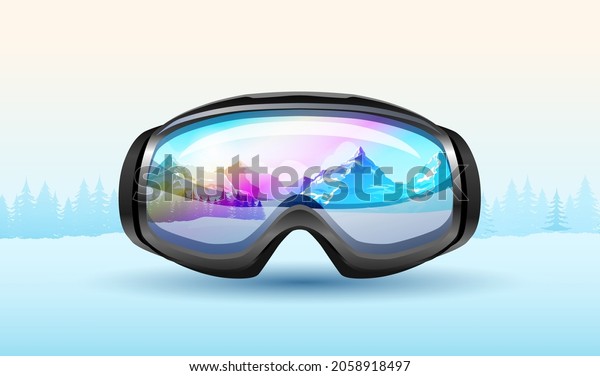 Sport winter landscape banner with ski face
mask on snow. Mountain landscape, colorful sky in reflection of
black snowboard protective mask. Mountains, forest, fog on
background. Vector
illustration