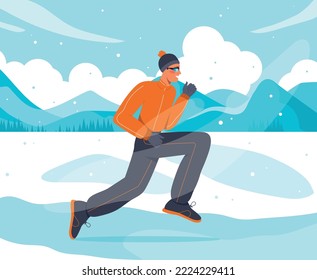 Sport in winter season. Man in jacket and hat runs through snow. Active lifestyle, marathon runner or sprinter training. Outdoor cardio workout, fat burning. Cartoon flat vector illustration