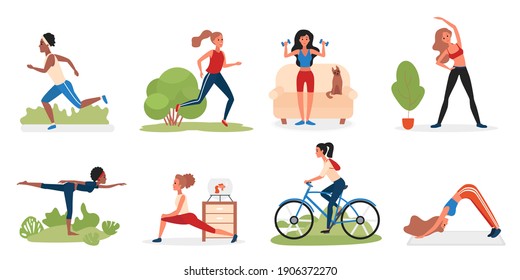 Sport woman activity vector illustration set. Cartoon active young female sportive character doing fitness workout with dumbbells, training stretching exercises and yoga, cycling isolated on white