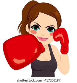 Sport Woman Boxing With Red Gloves Fighting