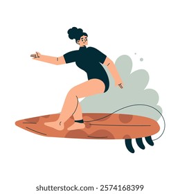 Sport with Woman Character Ride Surfboard Engaged in Physical Activity Vector Illustration