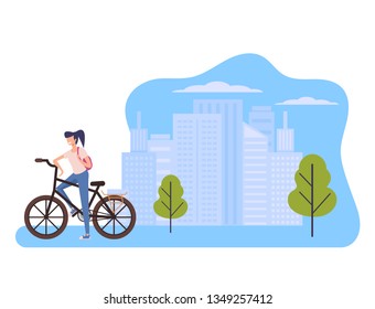 Sport woman character riding bicycle in green public park. Healthy lifestyle concept. Vector flat graphic design cartoon isolated illustration