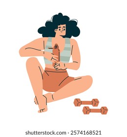 Sport with Woman Character Sit and Drink Water Engaged in Physical Activity Vector Illustration