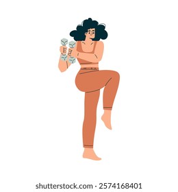 Sport with Woman Character Stretching Body with Dumbbell Engaged in Physical Activity Vector Illustration