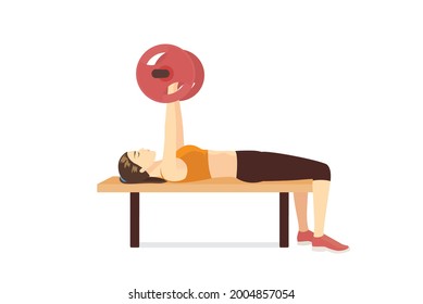 Mujer deportiva haciendo ejercicio en Barbell Bench Press. Diagrama de fitness sobre las poses correctas con el equipo de pesas pesadas en el gimnasio.