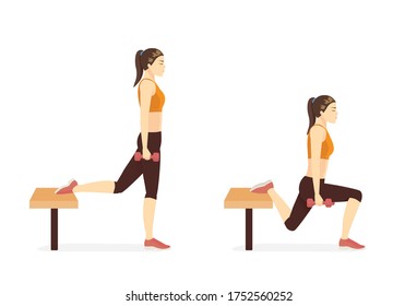 Mujer deportiva haciendo el Squat Split búlgaro con Bench y doblez en 2 pasos. Diagrama de fitness sobre un entrenamiento muy desafiante con equipo de ejercicios.