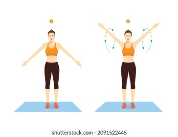 Sport woman doing exercise with Big Arm Circles posture for warm up. Rotation arms help to prevent injuries and prepare your body for strength training.