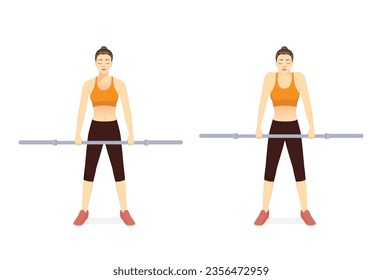 Sport woman doing exercise by barbell shoulder shrugs pose with empty Barbell in 2 step. How to Build Muscle at the shoulder weight lifting equipment.