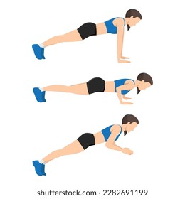 Sport woman doing exercise with Clapping Push Up posture start with plank and end with a clap in midair. Workout poses for Cardio. lat vector illustration isolated on white background