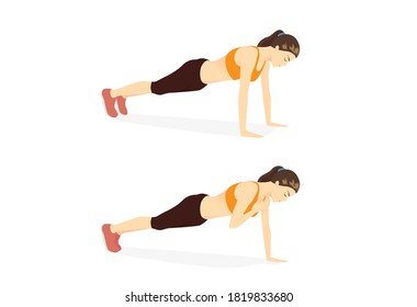 Sport woman doing exercise with Plank Shoulder Taps on the floor in 2 steps. Cartoon for workout diagram in exercise posture for flat abs.