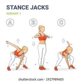 Sport woman doing exercise with stance jack pose for health and boosting she's metabolism. Cartoon for Home Workout guidance diagram with arrows about exercise posture to burn fat.