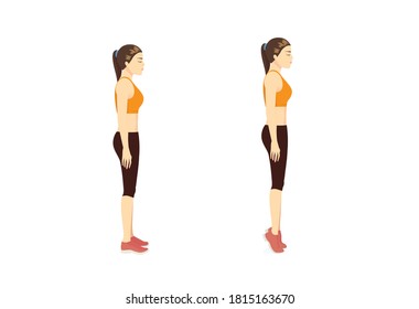 Sport woman doing exercise with tip toe pose move for reduce leg cellulite. Workout diagram about Calves reduction for slim leg.