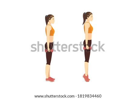 Sport woman doing exercise with tip toe pose with holding dumbbell in the hands for reduce leg cellulite. Workout diagram about Calves reduction for slim leg. Stock photo © 
