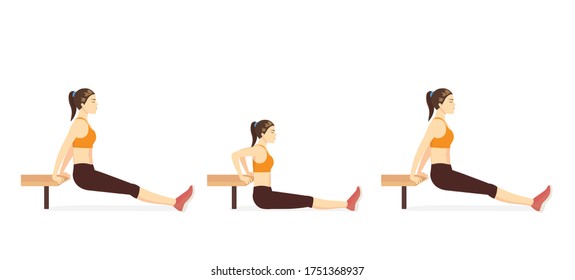 Sport woman doing fitness with Bench dip with legs straight
and rest her heel on the floor. Very challenging training with a chair. 