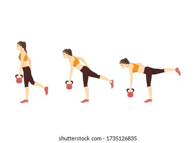 Sport Woman doing Single Leg Deadlift exercise while holding kettlebell dumbbell in her hands in 3 steps. Illustration about Fitness with lightweight equipment.