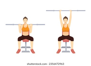 Sport woman doing workout with empty Barbell in Barbell shoulder press pose on bench. llustration about exercise diagram for arm and chest and shoulder. svg
