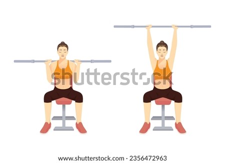Sport woman doing workout with empty Barbell in Barbell shoulder press pose on bench. llustration about exercise diagram for arm and chest and shoulder.