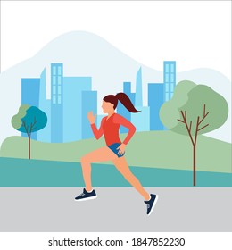 Sport woman dressed in sportswear, jogging or jogging in the park. Woman  workout outdoors.Sports activities, healthy lifestyle. Colorful vector illustration in flat cartoon style.