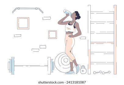 Las mujeres deportivas beben el doodle de agua. Jovencita con líquido fresco puro en la botella. Hidratación y lucha contra la sed. Estilo de vida saludable y activo, aptitud física. Ilustración lineal vectorial