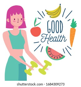 sport woman with dumbbell fruits vegetables healthy life vector illustration