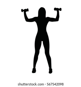Sport woman with dumbbells isolated on white background. Vector gym silhouette.