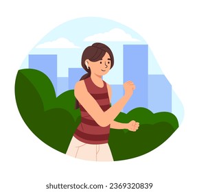 Sport woman with earphones concept. Young girl in red tshirt and beige pants. Active lifestyle and fitness. Training and worout outdoor. Runner and sprinter. Cartoon flat vector illustration