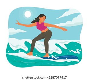 Sport Woman Enjoying with Surfing in the Sea in Summer Season