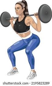 Sport woman exercises do squats with a barbell dumbbells front view. Vector illistration