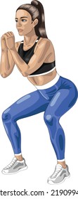 Sport woman in fitness suit exercises do squats front view. Vector illistration