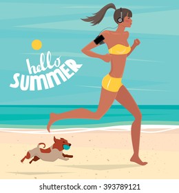 Sport woman with headphones and phone in armband running on the beach, and near a dog runs with the ball - Healthy lifestyle concept. Vector illustration