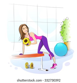 Sport Woman Hold Dumbbells on Bench Fitness Trainer, Girl Bodybuilder Athletic Muscle Vector Illustration