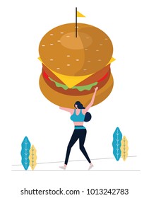 Sport woman holding big hamburger and exercising. Calorie weight burden concept. flat design vector illustration