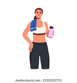 Sport woman holding water bottle in hand. Young girl in sportswear portrait, standing with drink tumbler, towel on shoulder during gym workout. Flat vector illustration isolated on white background