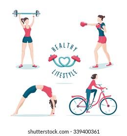 Sport woman. Isolated on white girls on a workout. Icon set.