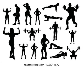 Sport woman and man silhouettes isolated on white background. Vector gym silhouette with dumbbells and barbell.
