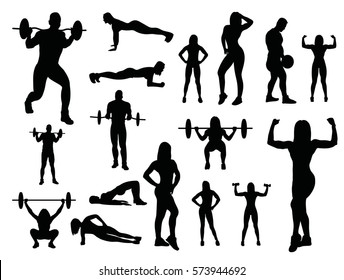 Sport woman and man silhouettes isolated on white background. Vector gym silhouette with dumbbells and barbell.
