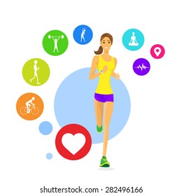 Sport Woman Run Fitness App Tracker Icons Wearable Technologies Smart Watch Jogging Training Vector Illustration