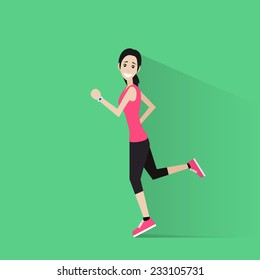 sport woman run with fitness tracker on wrist girl runner jogging happy smile training flat design icon